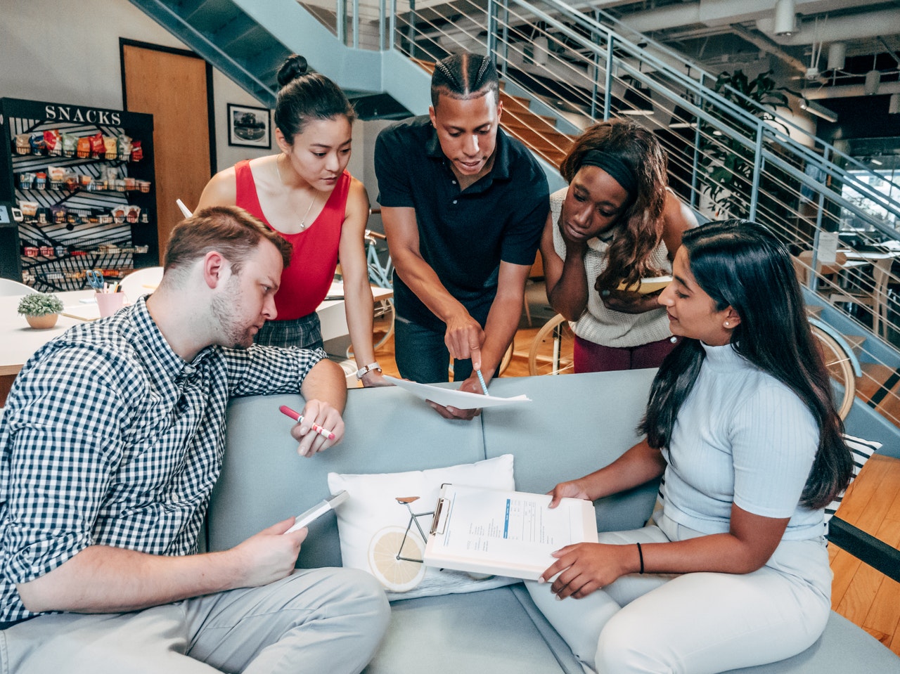 group of workers discussing